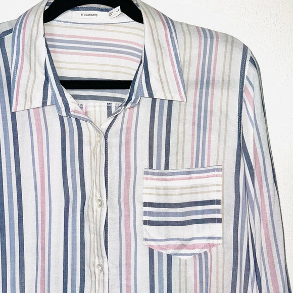 Maurices White & Multicolor Pastel Striped Button Down Shirt Large Women’s - Picture 3 of 12